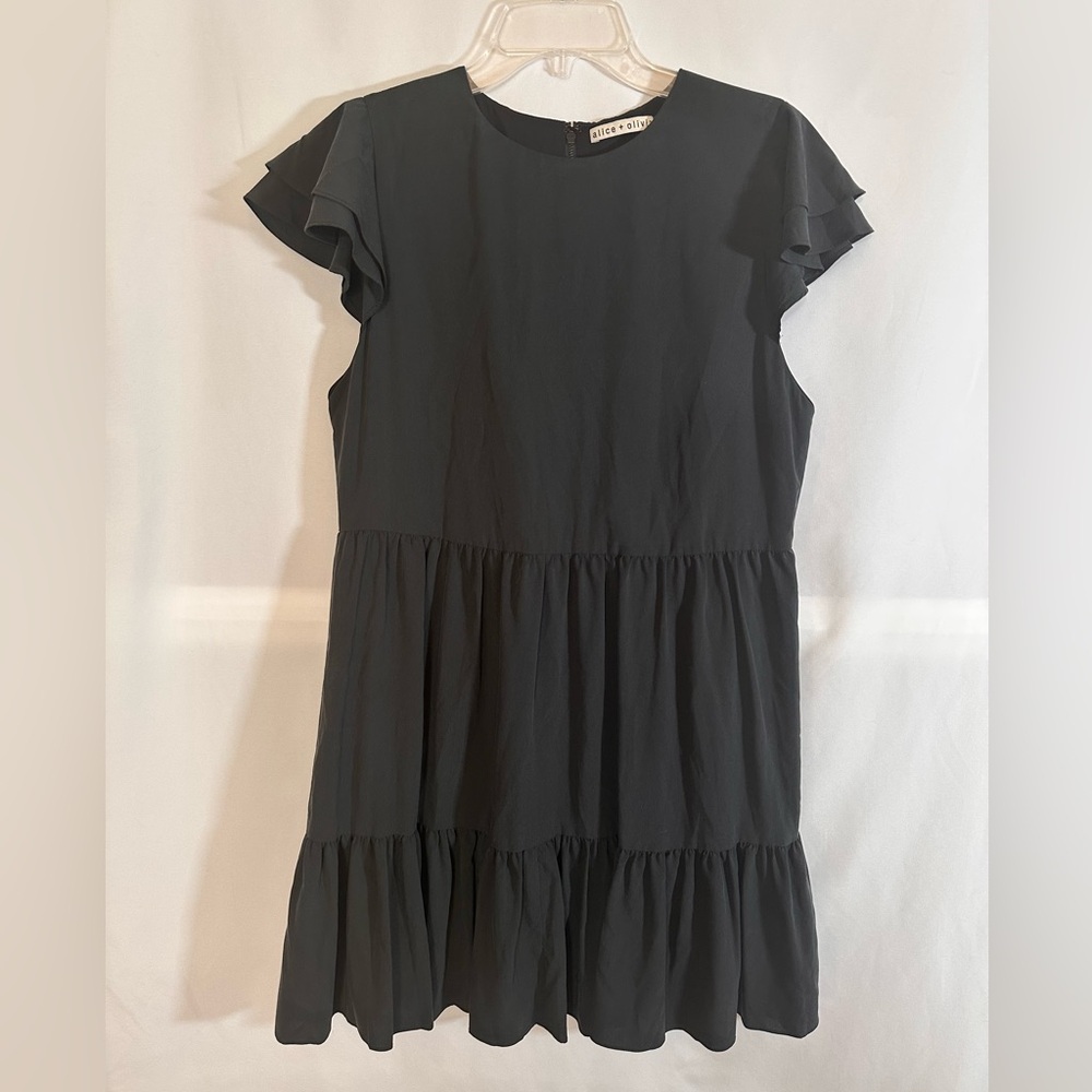 Alice + Olivia Janice Black Tiered Ruffle Mini Dress Cap Sleeve Sz 8